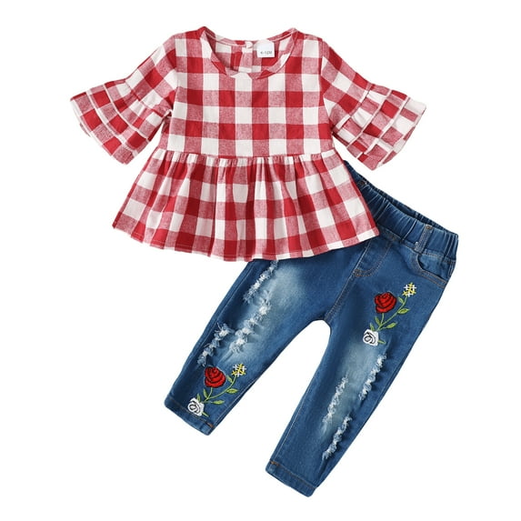 12 Months Baby Girls Clothes 18 Months Girls 2PCS Denim Outfits Set Toddler Girls Short Sleeve Top Denim Pants Set Red