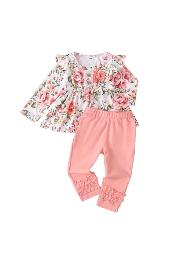 12 Months Baby Girls Clothes 18 Months Girls 2PCS Fall Winter Outfits Set Flower Print Toddler Girls Long Sleeve Top Pants Set Pink