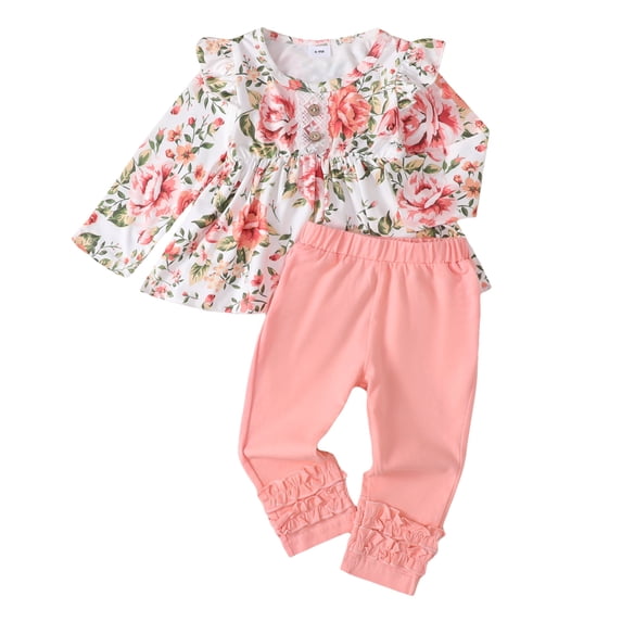12 Months Baby Girls Clothes 18 Months Girls 2PCS Fall Winter Outfits Set Flower Print Toddler Girls Long Sleeve Top Pants Set Pink