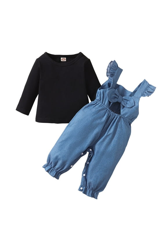 12 Months Baby Girls Clothes 18 Months Girls 2PCS Fall Winter Outfits Toddler Girls Long Sleeve Top Overall Pants Set Black