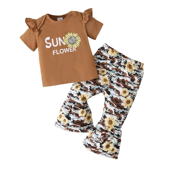 12 Months Baby Girls Clothes 18 Months Girls 2PCS Outfits Set Letter Print Toddler Girls Short Sleeve Top Camo Pants Set Brown