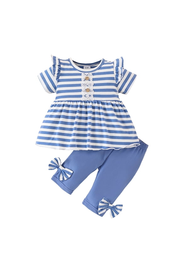 12 Months Baby Girls Clothes 18 Months Girls 2PCS Outfits Set Round Neck Infant Girls Short Sleeve Stripe Top Pants Set Blue