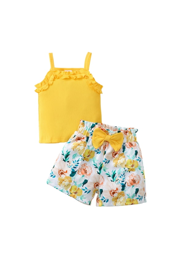 12 Months Baby Girls Clothes 18 Months Girls 2PCS Summer Outfits Set Flower Print Infant Girls Sleeveless Top Shorts Set Yellow