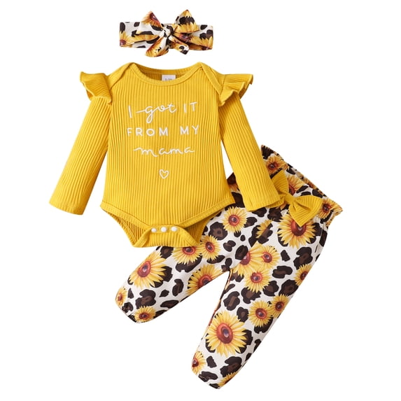 12 Months Baby Girls Clothes 18 Months Girls 3PCS Fall Winter Clothing Set Letter Print Toddler Girls Long Sleeve Top Pants Headband Set Yellow