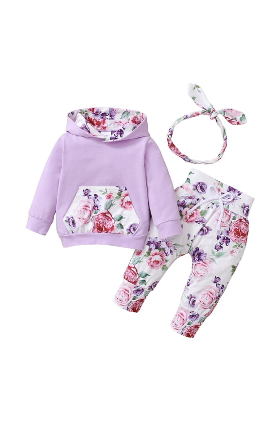 12 Months Baby Girls Clothes 18 Months Girls 3PCS Hoodie Outfits Set Flower Print Toddler Girls Long Sleeve Top Pants Set with Headband Purple