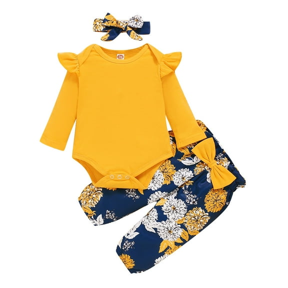 12 Months Baby Girls Clothes 18 Months Girls 3PCS Outfits Set Flower Print Infant Girls Long Sleeve Top Pants Set with Headband Yellow
