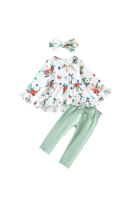 12 Months Baby Girls Clothes 18 Months Girls 3PCS Outfits Set Flower Print Toddler Girls Long Sleeve Irregular Top Pants Set with Headband Green