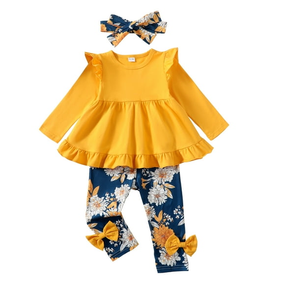 12 Months Baby Girls Clothes 18 Months Girls 3PCS Outfits Set Solid Color Toddler Girls Long Sleeve Top Floral Pants Set with Headband Yellow