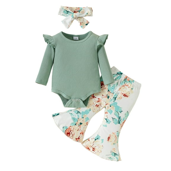 12 Months Baby Girls Clothes 18 Months Girls 3PCS Romper Outfits Set Flower Print Infant Girls Long Sleeve Top Pants Set with Headband Green