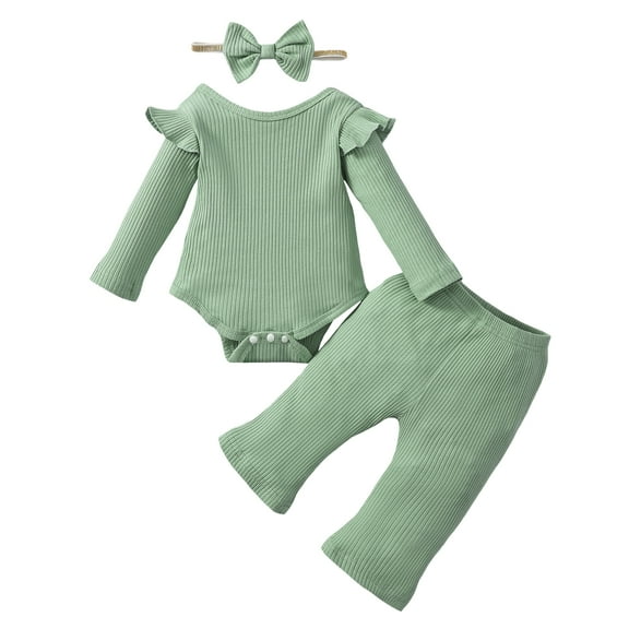12 Months Baby Girls Clothes 18 Months Girls 3PCS Solid Color Outfits Set Infant Girls Long Sleeve Top Pants Set with Headband Green