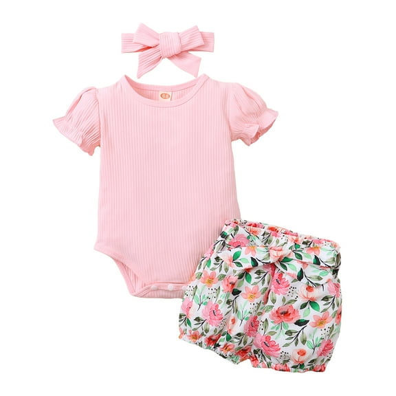 12 Months Baby Girls Clothes 18 Months Girls 3PCS Summer Outfit Set Toddler Girl Short Sleeve Top Shorts Headband Set Pink
