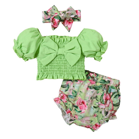 12 Months Baby Girls Clothes 18 Months Girls 3PCS Summer Outfits Set Toddler Girls Bubble Sleeve Top Shorts Headband Set Green