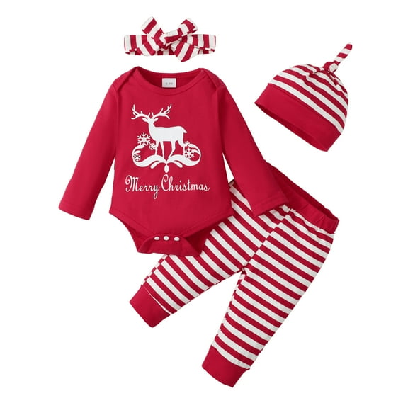 12 Months Baby Girls Clothes 18 Months Girls 4PCS Fall Winter Christmas Outfits Set Letter Print Infant Girls Long Sleeve Top Pants Set with Headband Hat Red