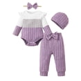 thumbnail image 1 of 12 Months Baby Girls Clothes 18 Months Girls 4PCS Fall Winter Outfits Set Infant Girls Long Sleeve Color-blocked Top Pants Set with Headband Hat Purple, 1 of 6