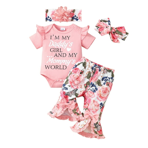 12 Months Baby Girls Clothes 18 Months Girls 4PCS Outfits Set Letter Print Infant Girls Short Sleeve Top Floral Pants Set with Headband Pink