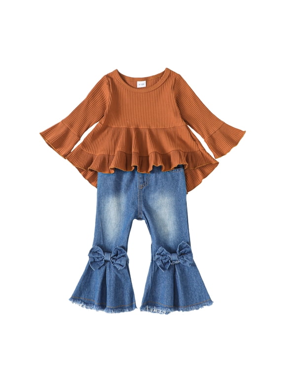 12 Months Baby Girls Clothes 18 Months Girls Denim Pant Set Outfits Set Toddler Girls Long Sleeve Irregular Solid Color Top Jeans Pants 2PCS Set Brown