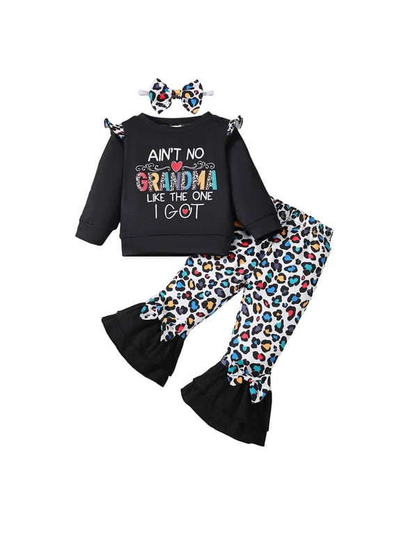 12 Months Baby Girls Clothes 18 Months Girls Pant Set Toddler Girls Long Sleeve Letter Print Top Pants Headband 3PCS Girls Clothing Set Black