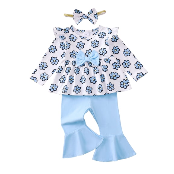 12 Months Baby Girls Clothes 18 Months Girls Pant Set Toddler Girls Long Sleeve Round Neckline Floral Top Pants Headband 3PCS Outfits Set Blue
