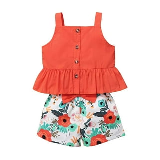 12 Months Baby Girls Clothes 18 Months Infant Baby Girls Summer 2PCS Outfits Sleeveless Ruffle Top Floral Shorts Set Red