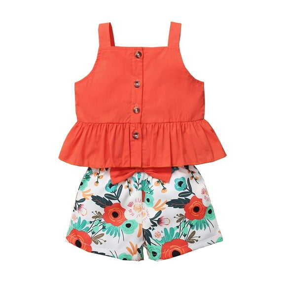 12 Months Baby Girls Clothes 18 Months Infant Baby Girls Summer 2PCS Outfits Sleeveless Ruffle Top Floral Shorts Set Red