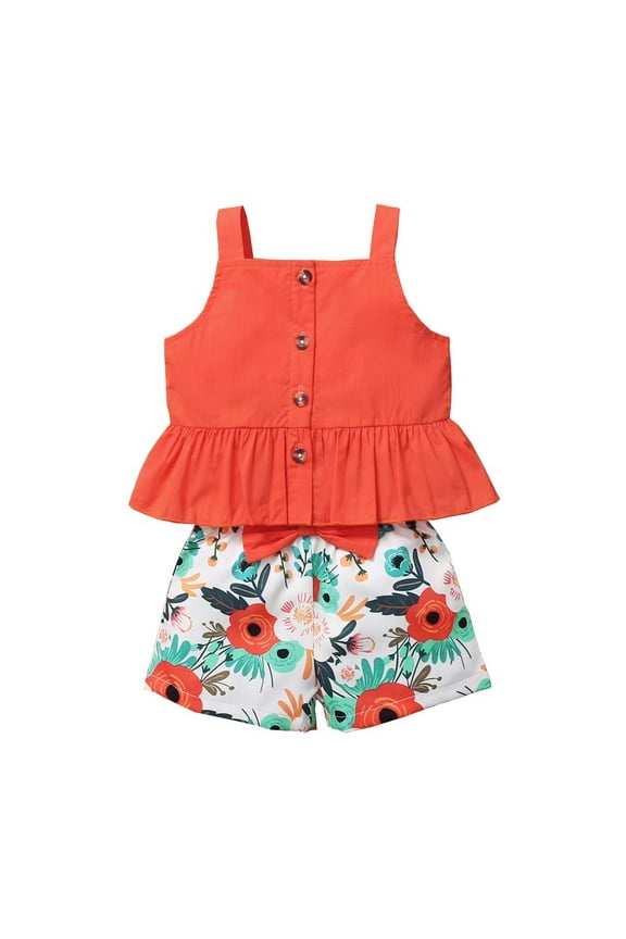 12 Months Baby Girls Clothes 18 Months Infant Baby Girls Summer 2PCS Outfits Sleeveless Ruffle Top Floral Shorts Set Red