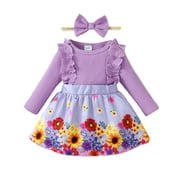 12 Months Baby Girls Dress 18 Months Girls Long Sleeve Dress Round Neck Infant Girls Floral Dress with Headband Purple