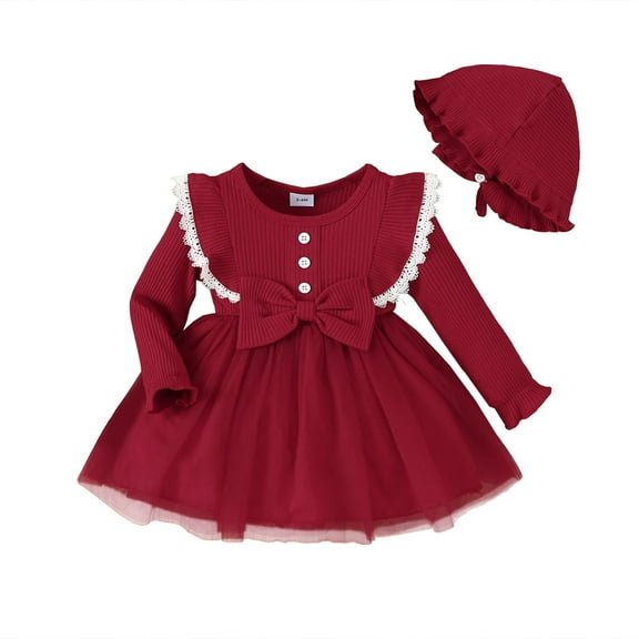 12 Months Baby Girls Dress 18 Months Girls Long Sleeve Dress Solid Color Round Neck Toddler Girls Tulle Dress with Hat Red