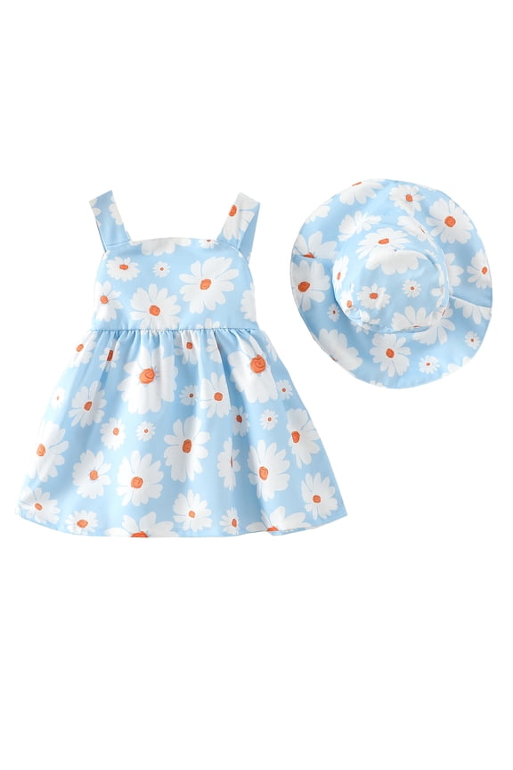 12 Months Baby Girls Dress 18 Months Girls Sleeveless Dress Flower Print Off-the-shoulder Toddler Girls Suspender Floral Dress with Cute Hat Blue