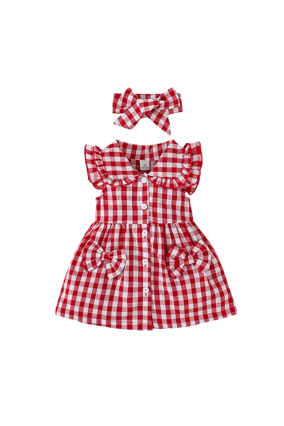 12 Months Baby Girls Dress Toddler Girls Summer Plaid Dress 18 Months Girls Flying Sleeve Lapel Dress with Headband Red