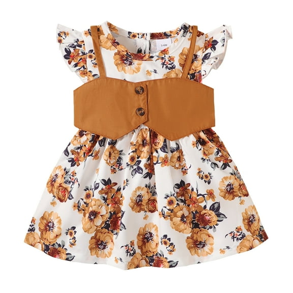 12 Months Baby Girls Dress Toddler Girls Summer Sleeveless Dress 18 Months Girls Flying Sleeve Floral Dress Brown