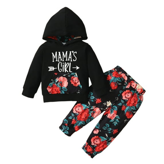 12 Months Baby Girls Outfits 18 Months Girls 2PCS Fall Winter Clothing Set Letter Print Toddler Girls Long Sleeve Hoodie Top Pants Set Black