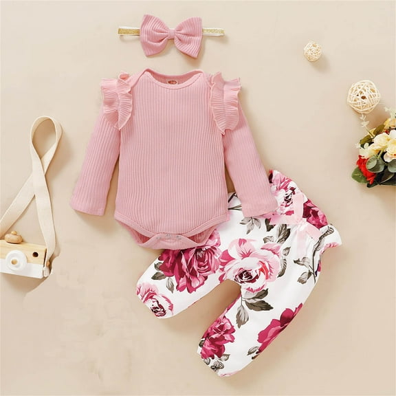 12 Months Newborn Infant Baby Girls Clothes Ribbed Bodysuit Pants Set Fall Winter Outfits Pink
