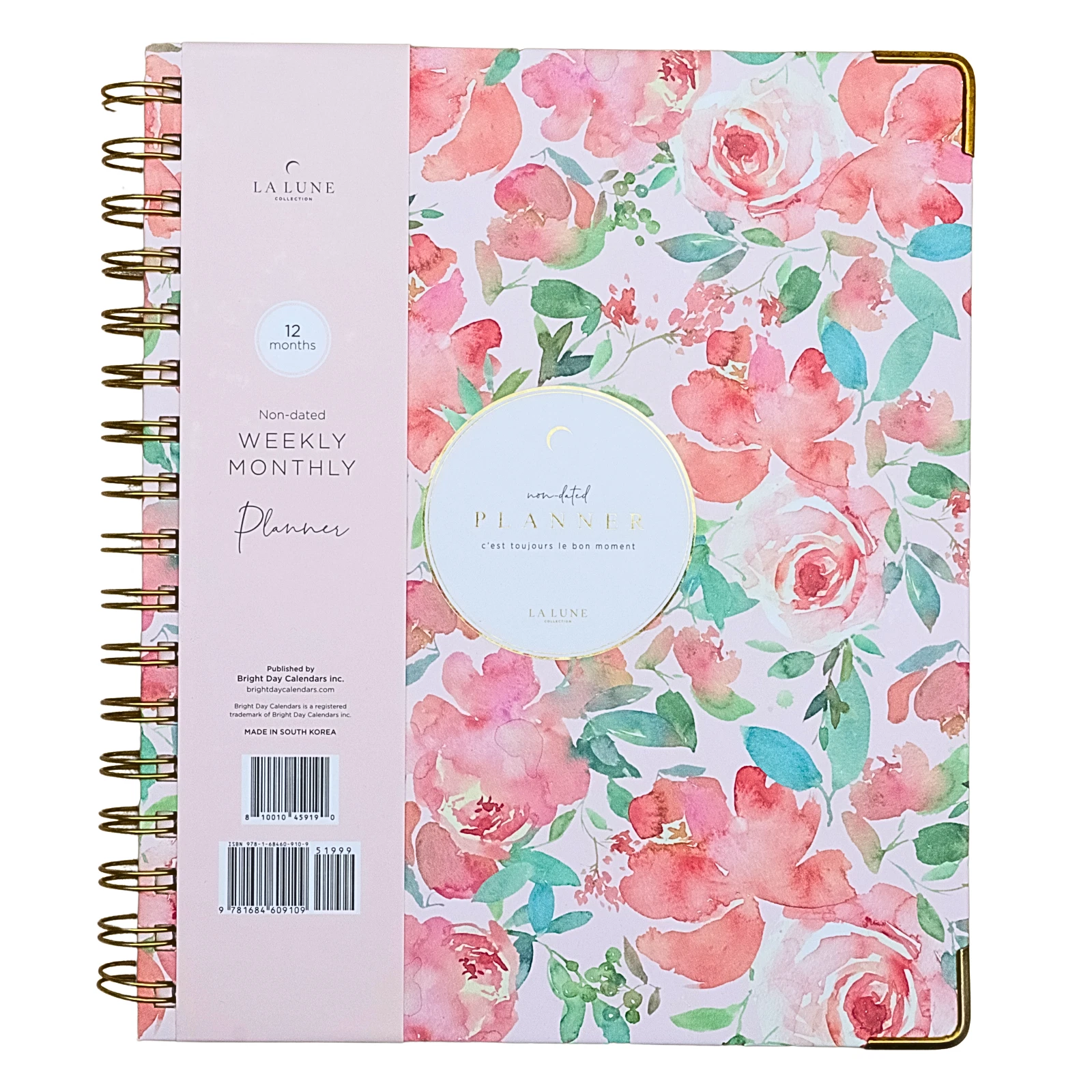 12 Months Non-Dated Weekly Monthly Planner 7.25 X 8.75 In Hard Cover Spiral Pink