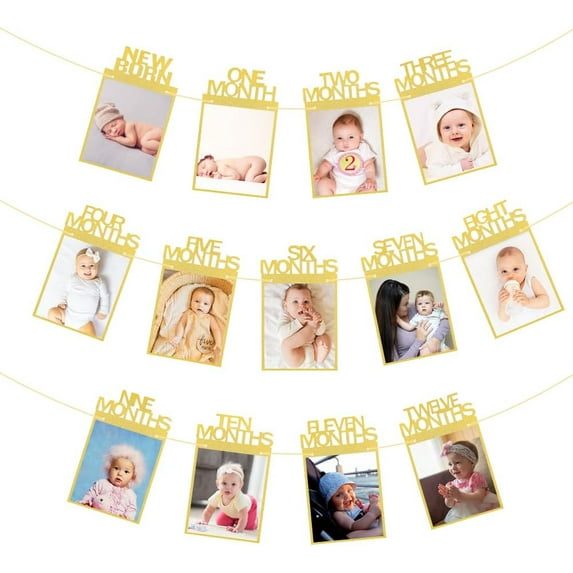 12 Months Photo Banner for Birthday Gold First Birthday Decorations for 1 to 12 Months First Birthday Celebration Decoration Hanger for Recording First Birthday Party