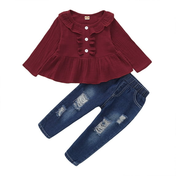 12 Months Toddler Baby Girls Clothes Baby Girls Outfits 12-18 Months Baby Girls Long Sleeve Round Neckline Ruffle Top Jeans Pants 2PCS Set Red