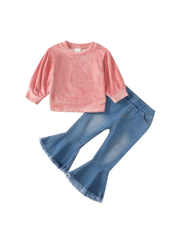 12 Months Toddler Baby Girls Clothes Baby Girls Outfits 12-18 Months Baby Girls Long Sleeve Round Neckline Top Jeans Pants 2PCS Set Pink