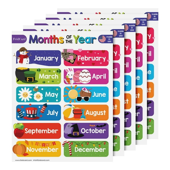 12 Months of the Year Chart for Preschool to Grade 1 Kids – Colorful Educational Visual / Learning Aid Poster Decoration for Classroom or Home | Glossy Durable Cardstock | 8.5" x 11" | 5 per Pack