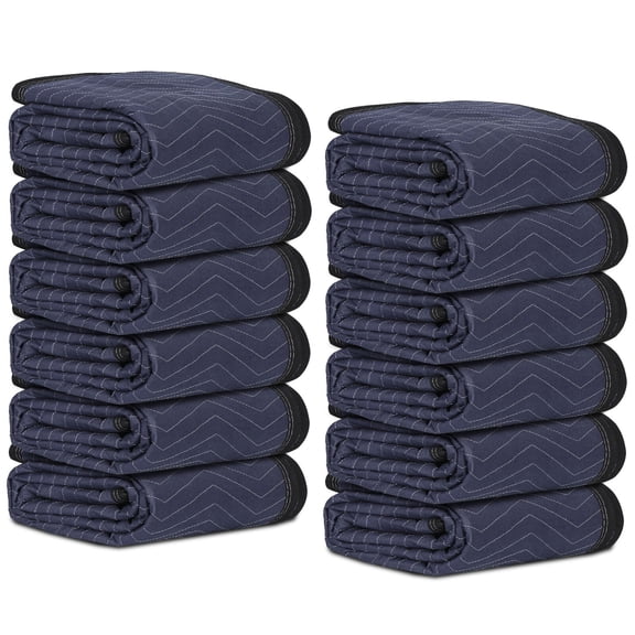 12 Moving Blankets 80" x 72" Shipping Pads for Furniture Protection Blue Black