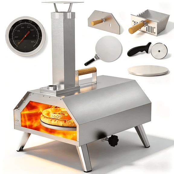 Segmart Portable Wood Pellet Pizza Oven, 12" Outdoor Grill with Rotating Pizza Stone & Thermometer, Fast Heating for Camping Backyard Patio