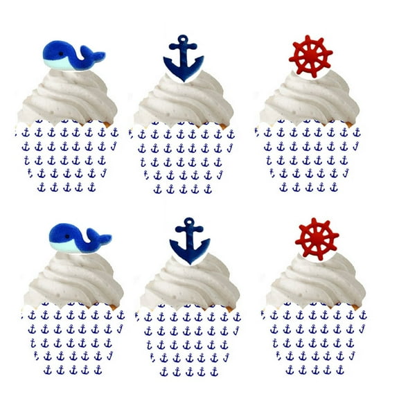 12 Nautical Edible Sugars & 12 Nautical Baking Cupcake Decoration Wrappers