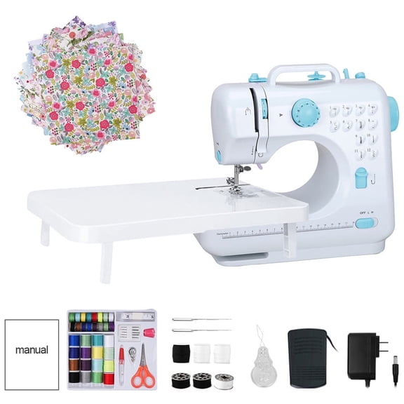 12 Needle Electric Sewing Machine Mini Household Double Line Sewing Machine, Including 42 Sewing Kits And 25pcs Cotton Fabric, Portable Beginner 505A Portable Electric Sewing Machine(Blue)