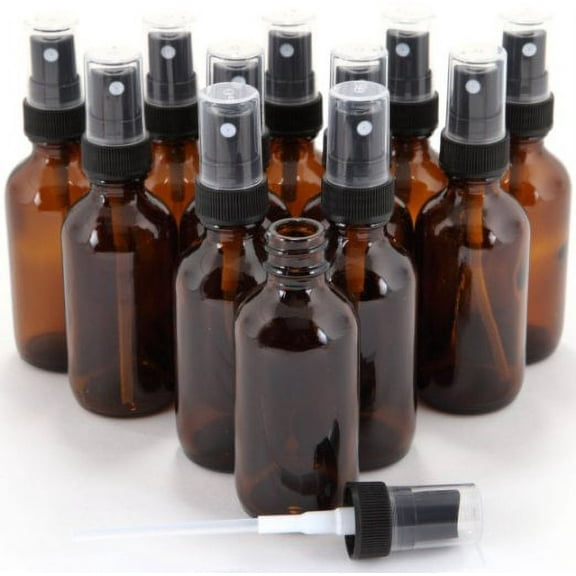 12 New, High Quality, 1 oz Amber Glass Bottles, with Black Fine Mist Sprayer