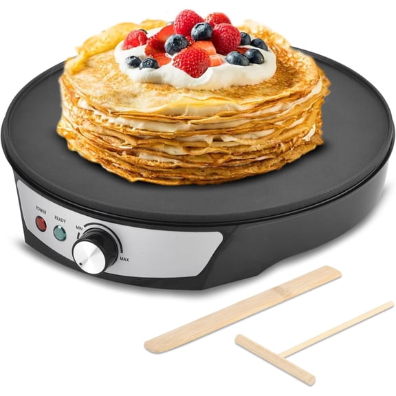 12" Nonstick Electric Crepe Pan Griddle, Adjustable Heat Crepe Machine with LED Light, Included Batter Spreader & Wooden Spatula for Pancakes, Roti, Tortillas and Blintzes