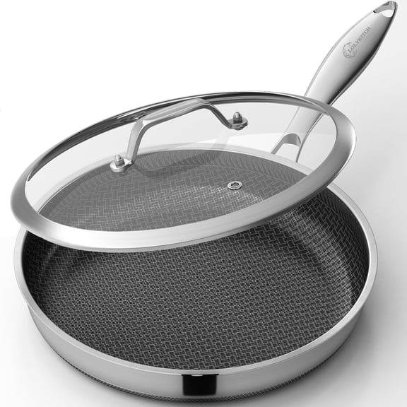 12 In Nonstick Frying Pan Skillet with Lid, Ceramic Coating, Tri-ply Stainless Steel, Induction Compatible, PFOA-free, Oven Safe to 600F, Dishwasher-safe, Detachable Handle