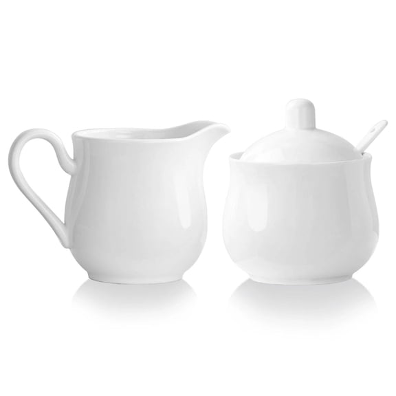 12 OZ Ceramic Sugar and Creamer Set, Coffee Serving Set, 3 Piece Cream Pitcher Sugar Bowl with Lid and Spoon (White)