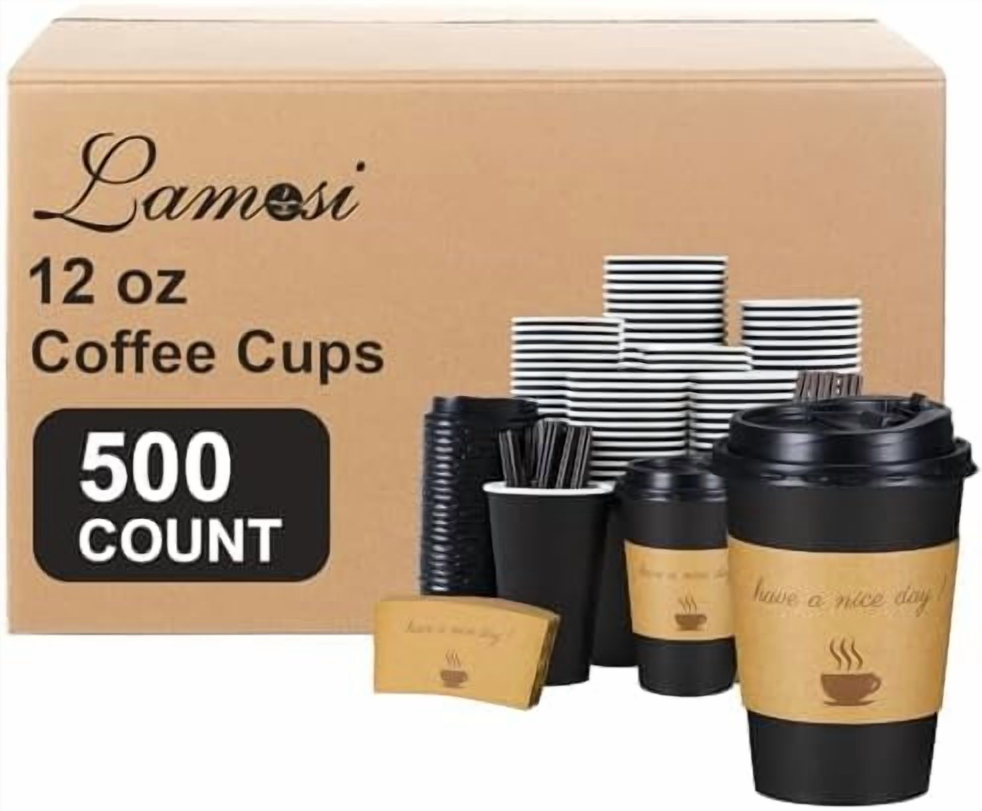 12 OZ Coffee Cups with Lids 500 Pack, Disposable Paper Hot Cups with ...