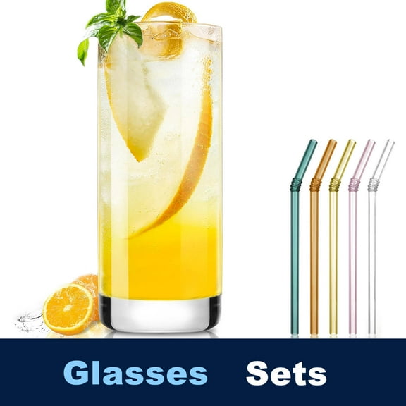 12 OZ Drinking Glass with 5 Reusable Glass Straws, Highball Glass Tall Glass Cups for Cocktail, Mojito, Iced Tea, Beer, Wine, Lead-Free Crystal Water Glasses Sets, Bar Glassware, Gifts for Dad