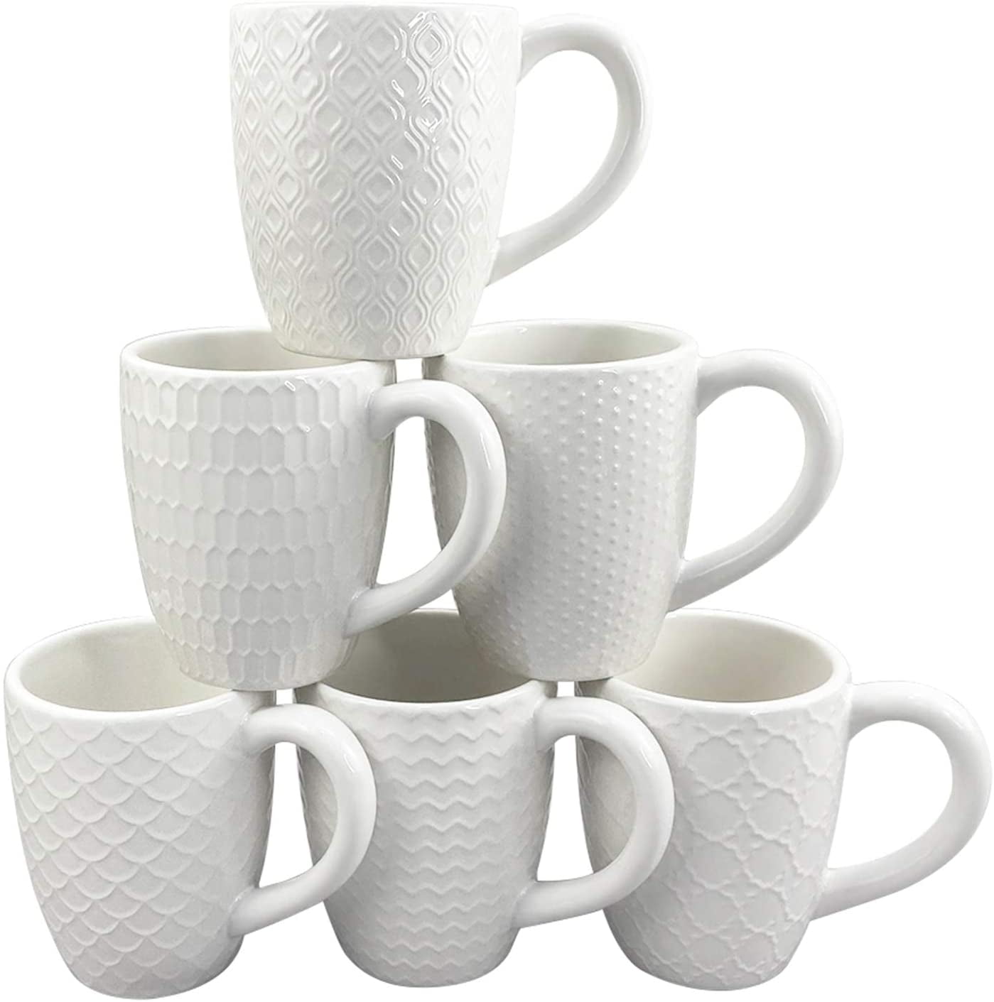 12 OZ White Ceramic Coffee Mugs set of 6, Stylish Embossed Coffee Cups Set for Coffee, Tea, Milk, Cocoa, Cereal