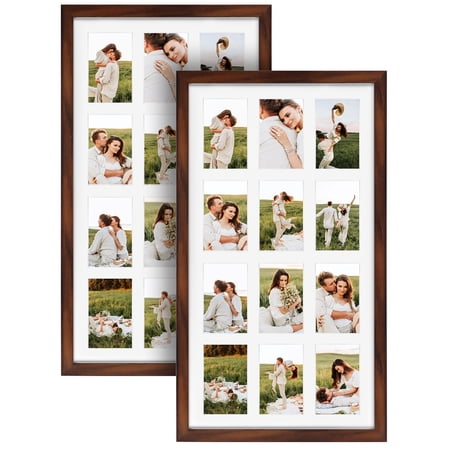 12 Opening 2 Pack 4x6 Collage Picture Frames Set, Brown Photo Frame with Mat Horizontal and Vertical for Wall Mounted