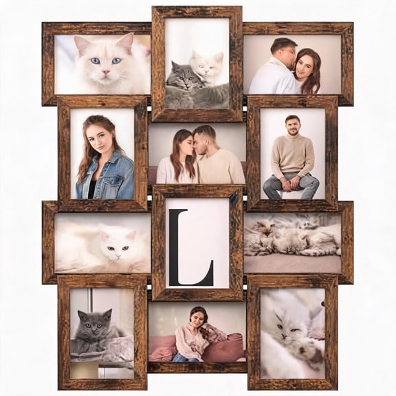 12 Opening Collage Picture Frame Holds Twelve 4x6 Inch Photos, Horizontal & Vertical Wall Mount Gallery Photo Frame for Home Wall Decor, Brown